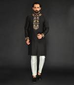 Black Pure Chanderi Emb. Kurta With Off White Chudidar
