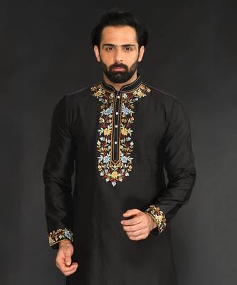 Black Pure Chanderi Emb. Kurta With Off White Chudidar 2