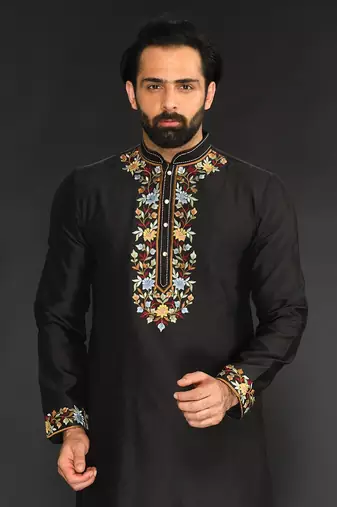 Black Pure Chanderi Emb. Kurta With Off White Chudidar