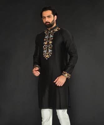 Black Pure Chanderi Emb. Kurta With Off White Chudidar 3