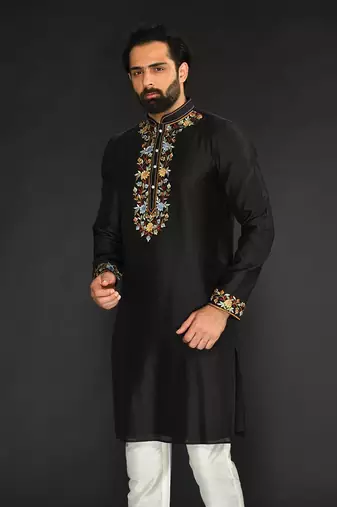 Black Pure Chanderi Emb. Kurta With Off White Chudidar