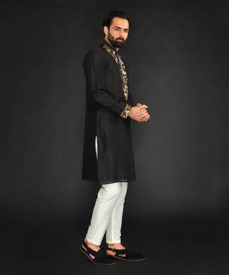 Black Pure Chanderi Emb. Kurta With Off White Chudidar 4