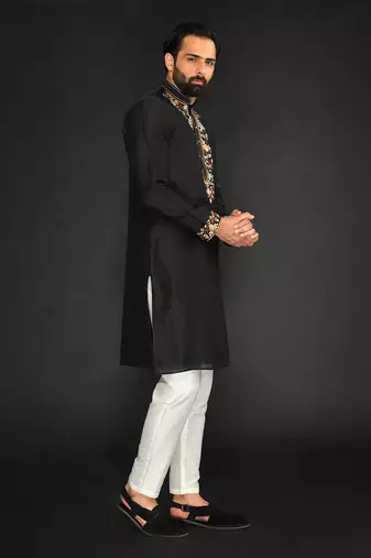 Black Pure Chanderi Emb. Kurta With Off White Chudidar