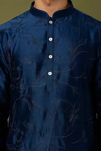 Blue Pure Chanderi Emb. Kurta With Blue Chudidar
