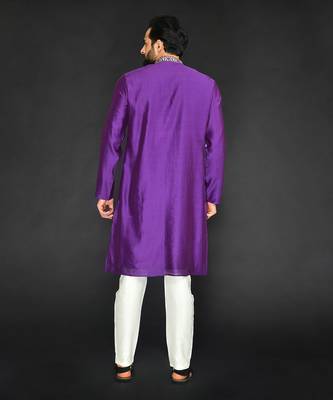 Grape Wine Pure Chanderi Emb. Kurta With Off White Chudidar 2