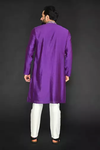 Grape Wine Pure Chanderi Emb. Kurta With Off White Chudidar