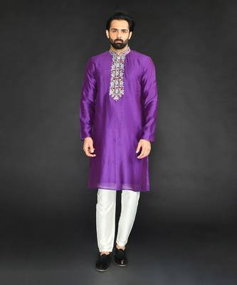 Grape Wine Pure Chanderi Emb. Kurta With Off White Chudidar 1
