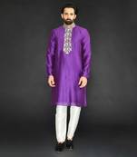 Grape Wine Pure Chanderi Emb. Kurta With Off White Chudidar