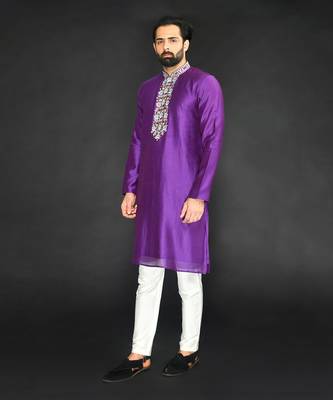 Grape Wine Pure Chanderi Emb. Kurta With Off White Chudidar 3