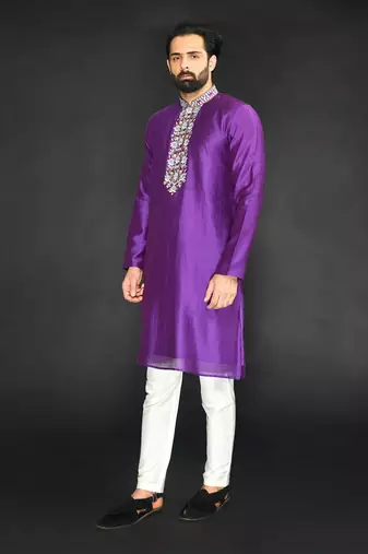 Grape Wine Pure Chanderi Emb. Kurta With Off White Chudidar