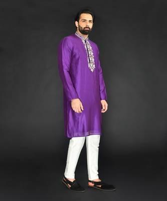 Grape Wine Pure Chanderi Emb. Kurta With Off White Chudidar 4