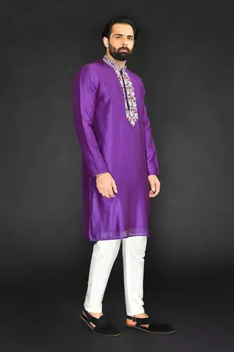Grape Wine Pure Chanderi Emb. Kurta With Off White Chudidar