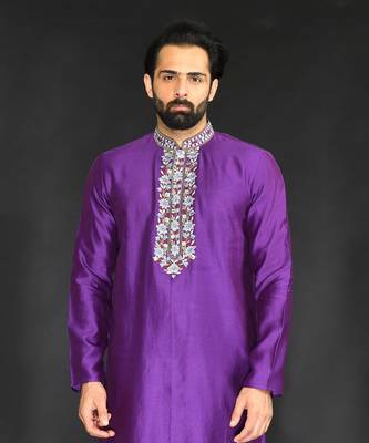 Grape Wine Pure Chanderi Emb. Kurta With Off White Chudidar 5