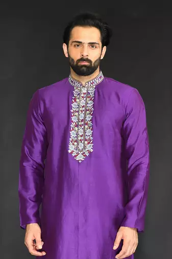 Grape Wine Pure Chanderi Emb. Kurta With Off White Chudidar