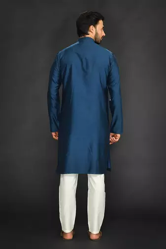 Blue Pure Chanderi Emb. Kurta With Off White Chudidar