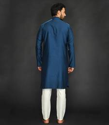 Blue Pure Chanderi Emb. Kurta With Off White Chudidar
