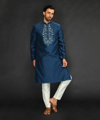 Blue Pure Chanderi Emb. Kurta With Off White Chudidar 1