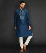 Blue Pure Chanderi Emb. Kurta With Off White Chudidar