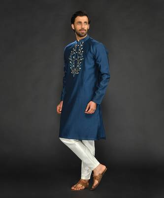 Blue Pure Chanderi Emb. Kurta With Off White Chudidar 3