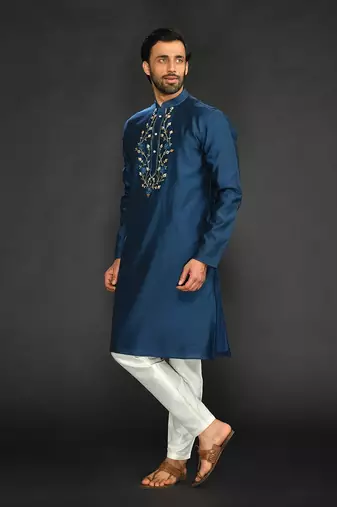 Blue Pure Chanderi Emb. Kurta With Off White Chudidar
