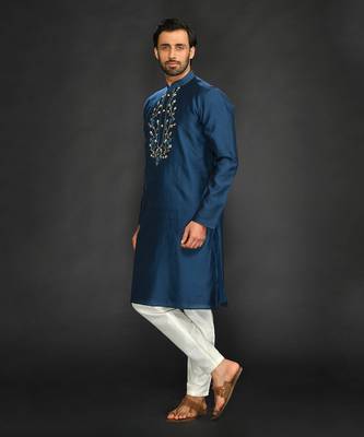 Blue Pure Chanderi Emb. Kurta With Off White Chudidar 4