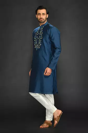Blue Pure Chanderi Emb. Kurta With Off White Chudidar