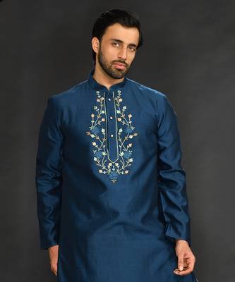 Blue Pure Chanderi Emb. Kurta With Off White Chudidar 5