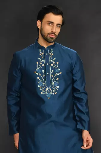 Blue Pure Chanderi Emb. Kurta With Off White Chudidar