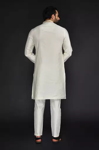 Off White Pure Chanderi Emb. Kurta With Off White Chudidar