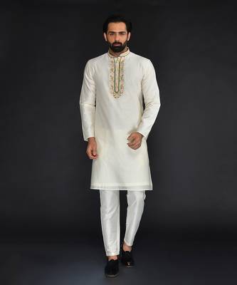 Off White Pure Chanderi Emb. Kurta With Off White Chudidar 1