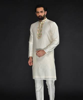 Off White Pure Chanderi Emb. Kurta With Off White Chudidar 3