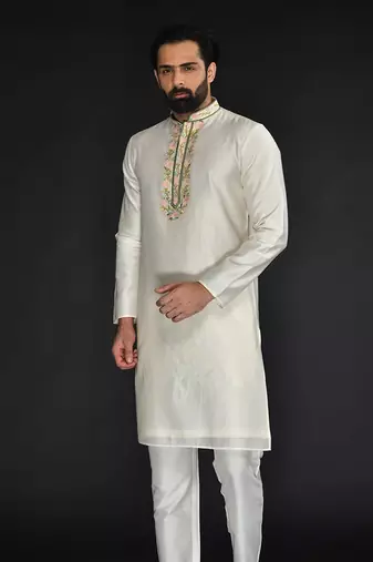 Off White Pure Chanderi Emb. Kurta With Off White Chudidar