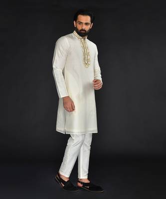 Off White Pure Chanderi Emb. Kurta With Off White Chudidar 4