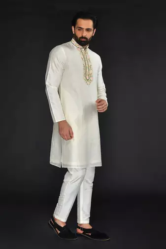 Off White Pure Chanderi Emb. Kurta With Off White Chudidar