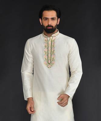 Off White Pure Chanderi Emb. Kurta With Off White Chudidar 5