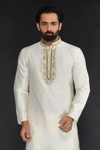 Off White Pure Chanderi Emb. Kurta With Off White Chudidar