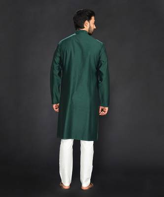 Bottle Green Pure Chanderi Emb. Kurta With Off White Chudidar 2