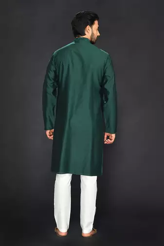 Bottle Green Pure Chanderi Emb. Kurta With Off White Chudidar