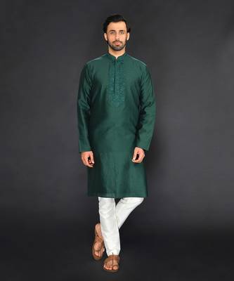 Bottle Green Pure Chanderi Emb. Kurta With Off White Chudidar 1