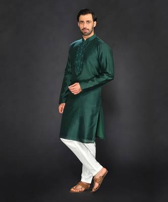 Bottle Green Pure Chanderi Emb. Kurta With Off White Chudidar 3