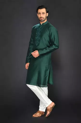 Bottle Green Pure Chanderi Emb. Kurta With Off White Chudidar