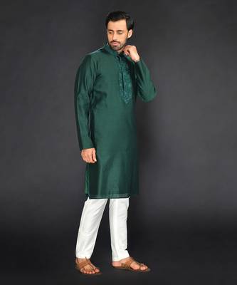 Bottle Green Pure Chanderi Emb. Kurta With Off White Chudidar 4