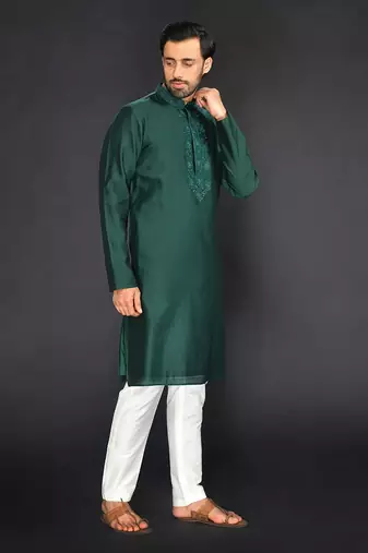 Bottle Green Pure Chanderi Emb. Kurta With Off White Chudidar