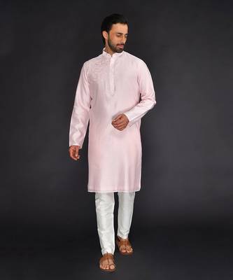 Baby Pink Pure Chanderi Emb. Kurta With Off White Chudidar 1