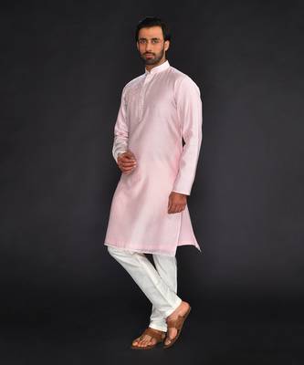 Baby Pink Pure Chanderi Emb. Kurta With Off White Chudidar 3