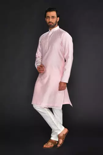 Baby Pink Pure Chanderi Emb. Kurta With Off White Chudidar