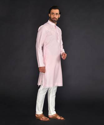 Baby Pink Pure Chanderi Emb. Kurta With Off White Chudidar 4
