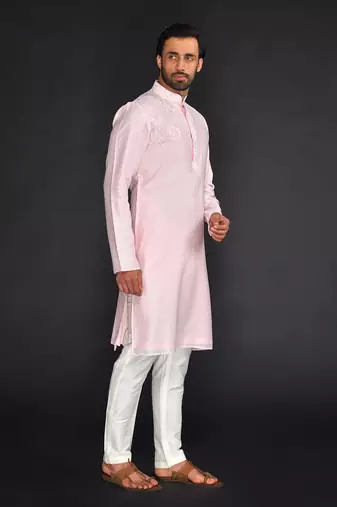 Baby Pink Pure Chanderi Emb. Kurta With Off White Chudidar