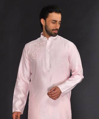 Baby Pink Pure Chanderi Emb. Kurta With Off White Chudidar 5