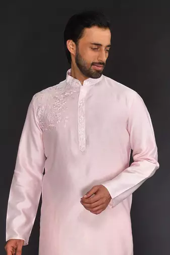 Baby Pink Pure Chanderi Emb. Kurta With Off White Chudidar